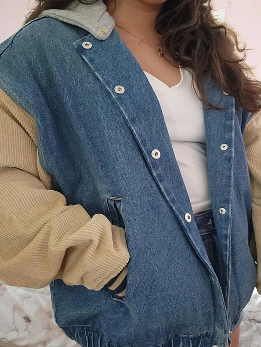 NWOT Teddy Fresh Vintage Inspired Denim Corduroy Varsity Bomber Jacket